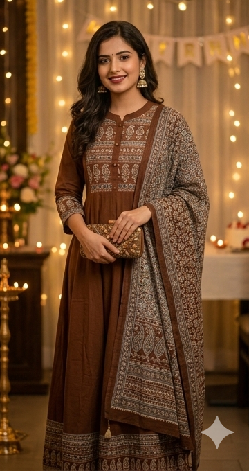 Brown Color Pure Cotton Anarkali-Style Kurti