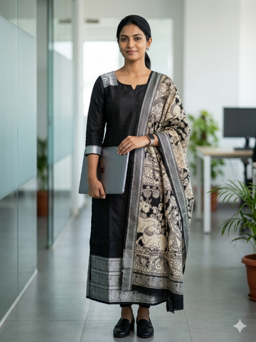 Black Mangalagiri Pattu Kurti With Kalamkari Duppata