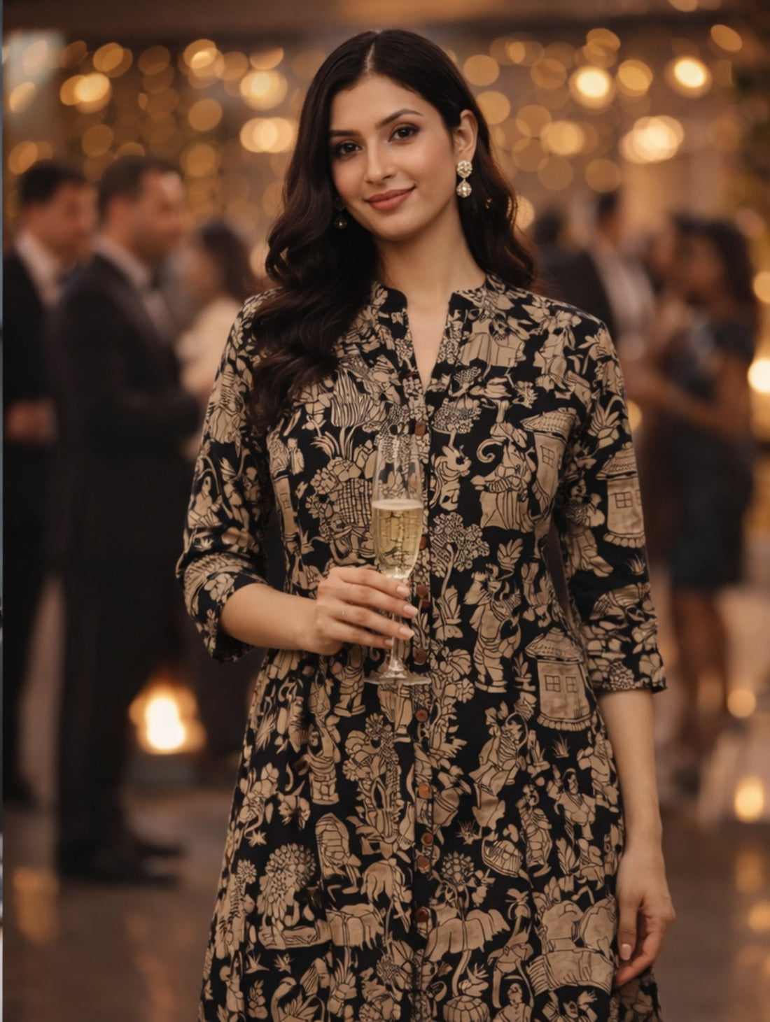 Black Floral & Vintage Print Kalamkari A-Line Kurta