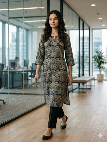 Black & Blue Lotus Kalamkari Block Printed A-line Kurti