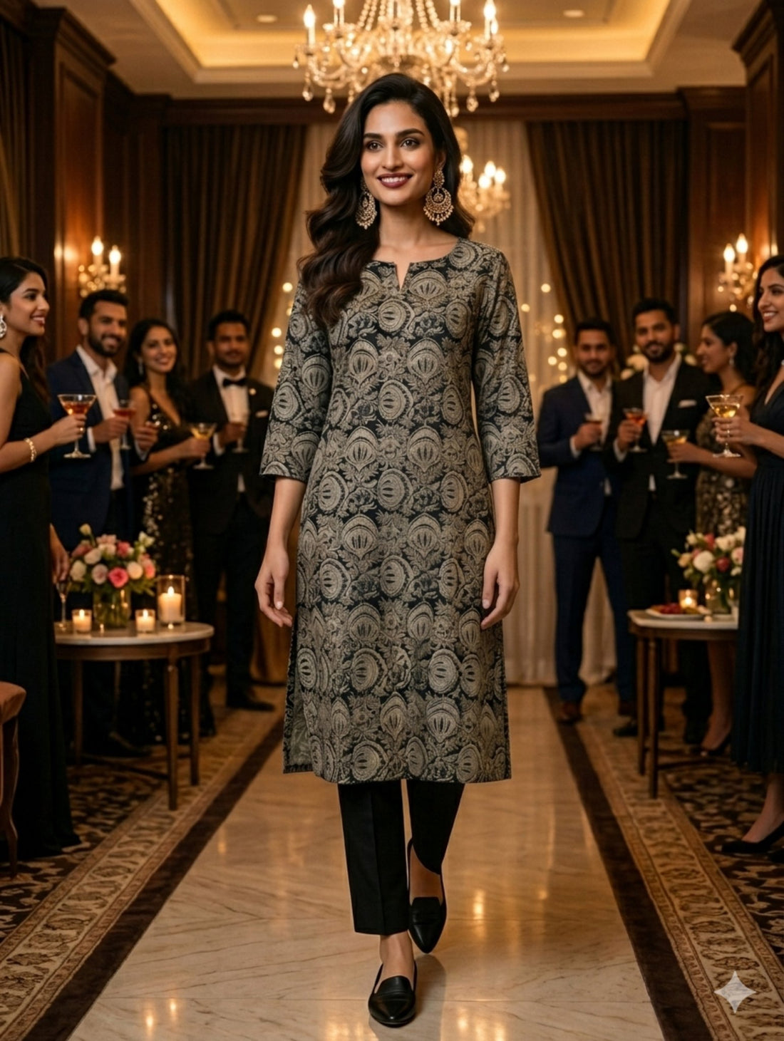 Black & Blue Lotus Kalamkari Block Printed A-line Kurti