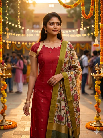 Red Kurti With Kalakari Duppata
