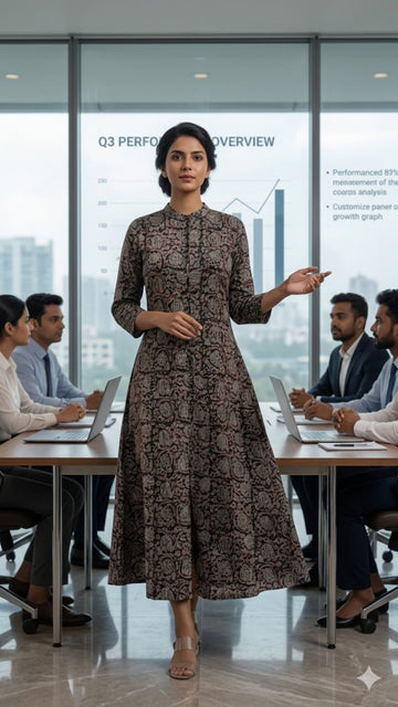 Black & Pink Lotus Kalamkari Block Printed A-line Kurti
