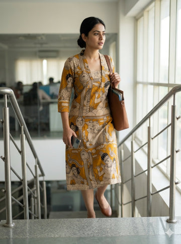 Yellow and Cream Radha Krishna Kalamkari Printed Kurti