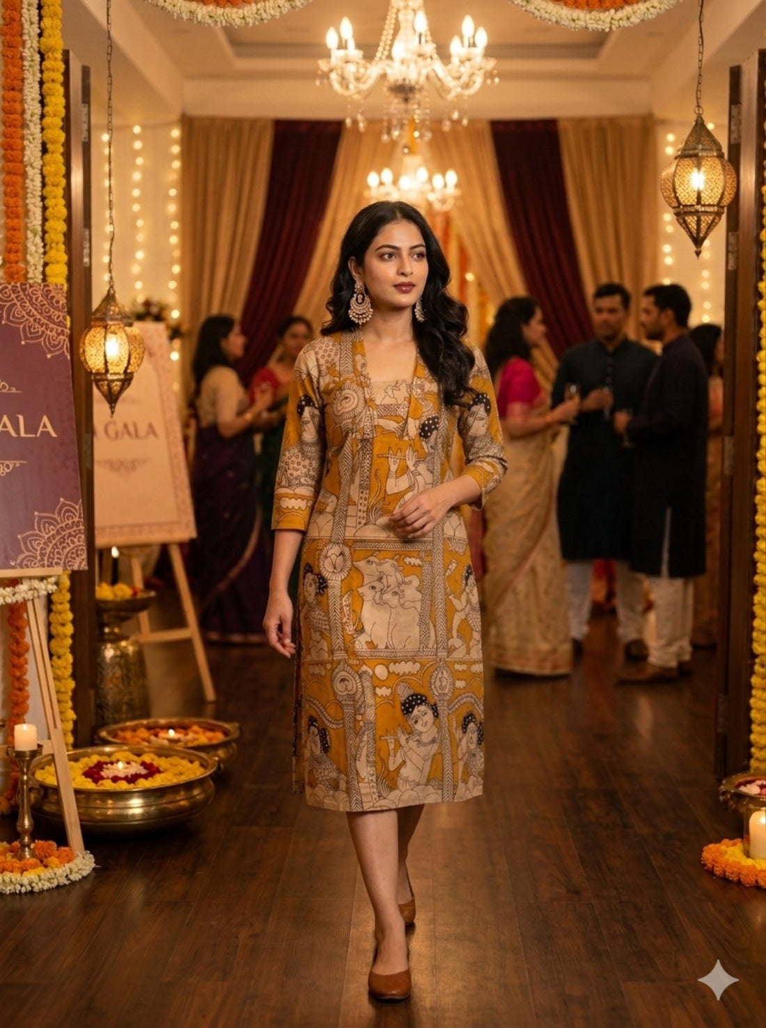 Yellow and Cream Radha Krishna Kalamkari Printed Kurti