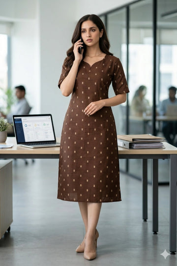 Chocolate Brown With Cream Buti Raw Silk Stright Cut Kurti