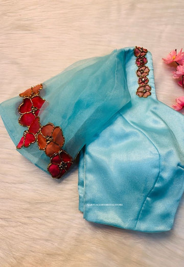 Aqua Blue Silk Blouse with Organza Sleeve & Floral Cutwork Design