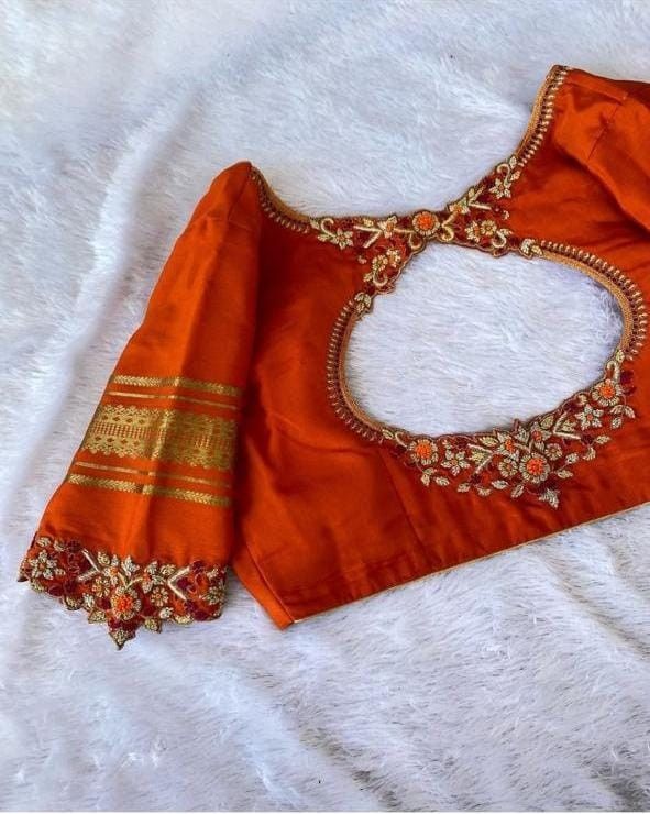 Orange Customised Silk Blouse with Cut-Out Back and Intricate Zari Work