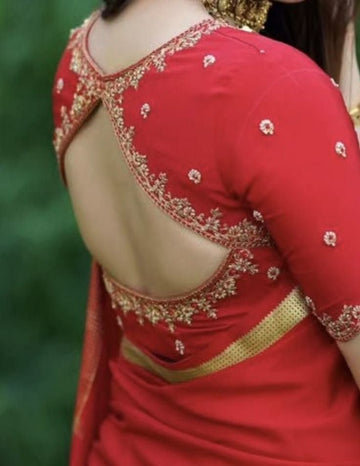 Red Silk Blouse with Elegant Cut-Out Back & Golden Embroidery
