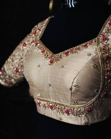 Champagne Gold Silk Blouse with Floral Maggam Embroidery