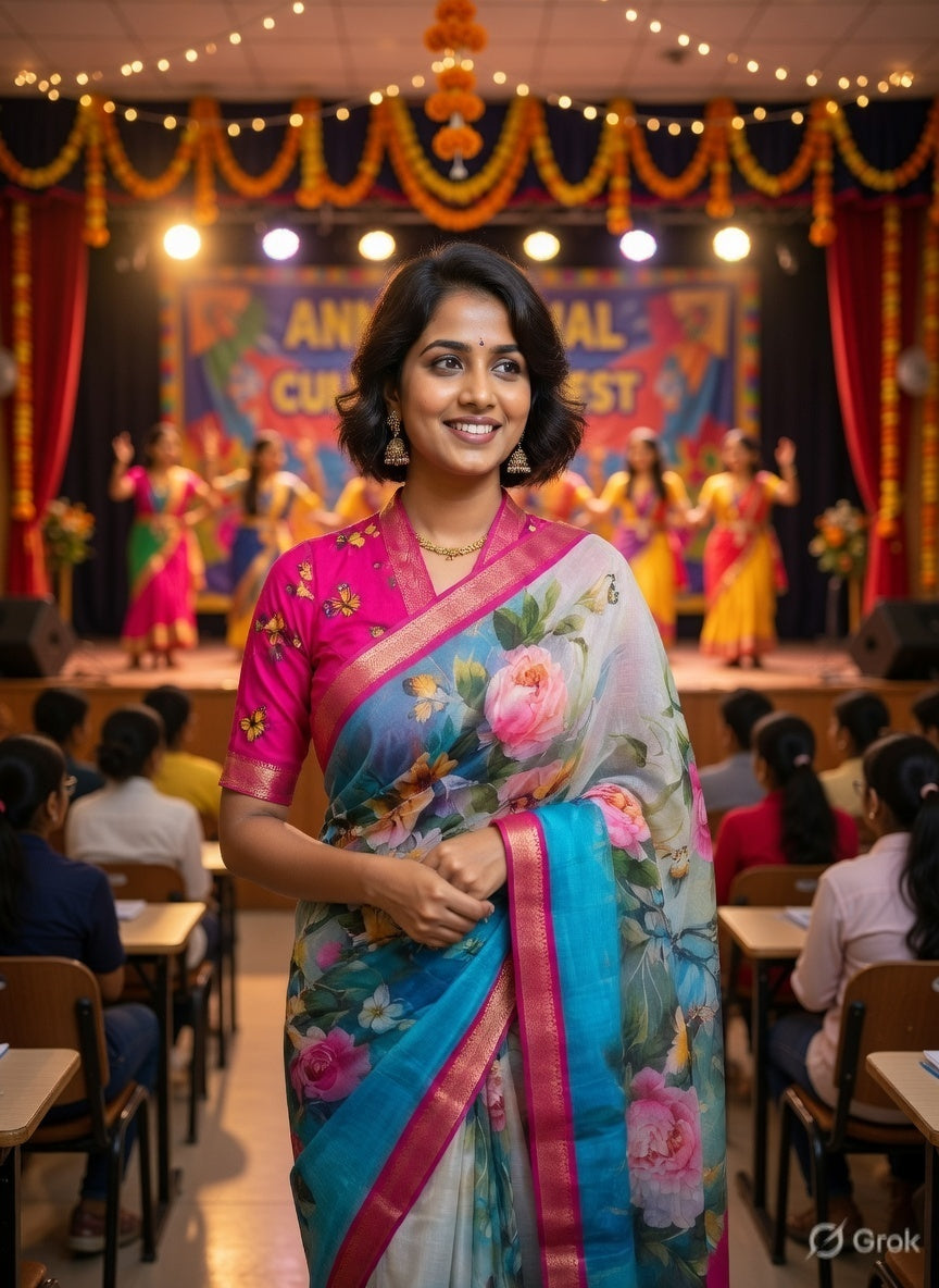 Teal & Rose Mangalagiri Digital Print Pattu Saree