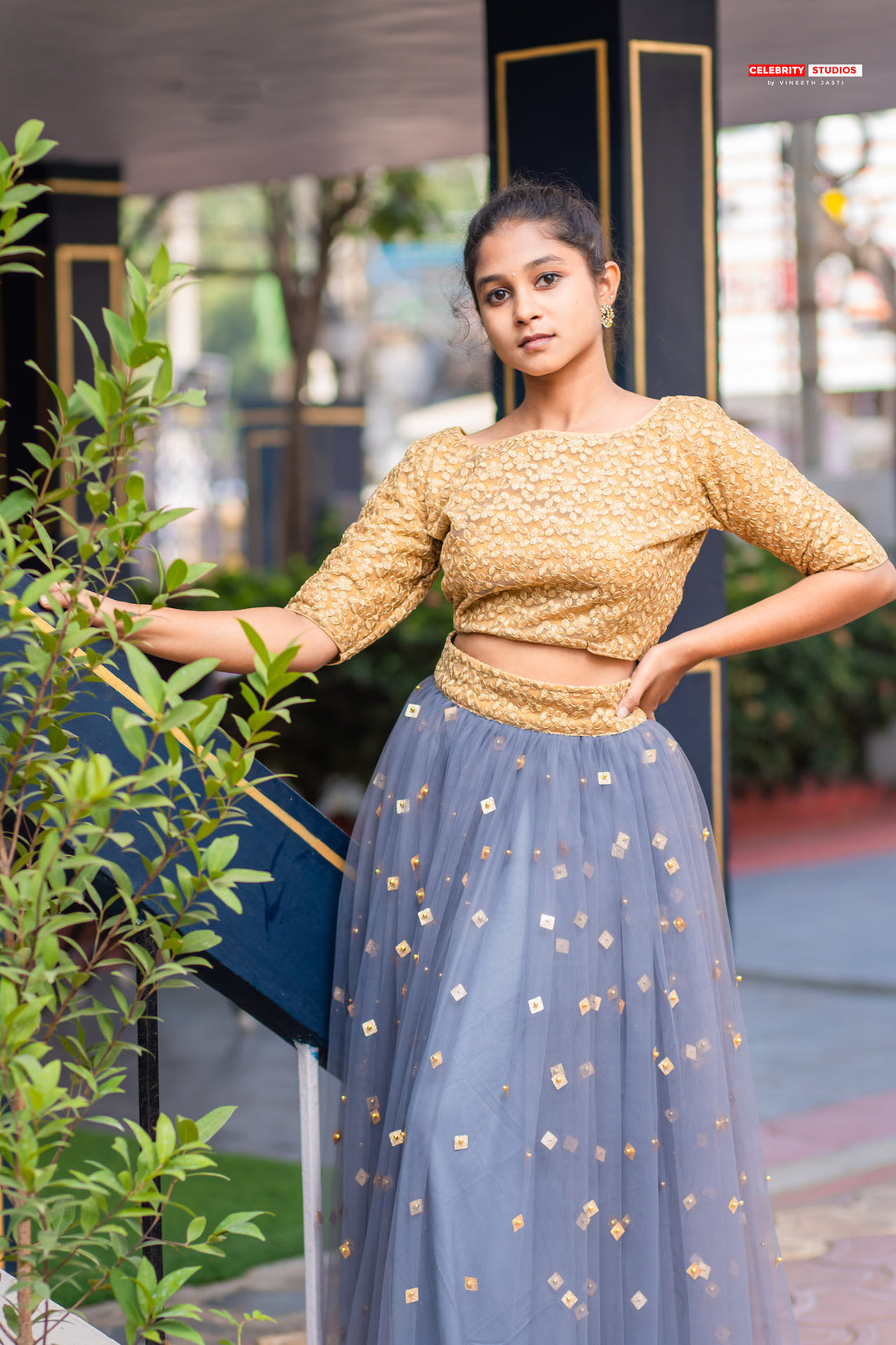 Grey Lehenga With Gold Blouse