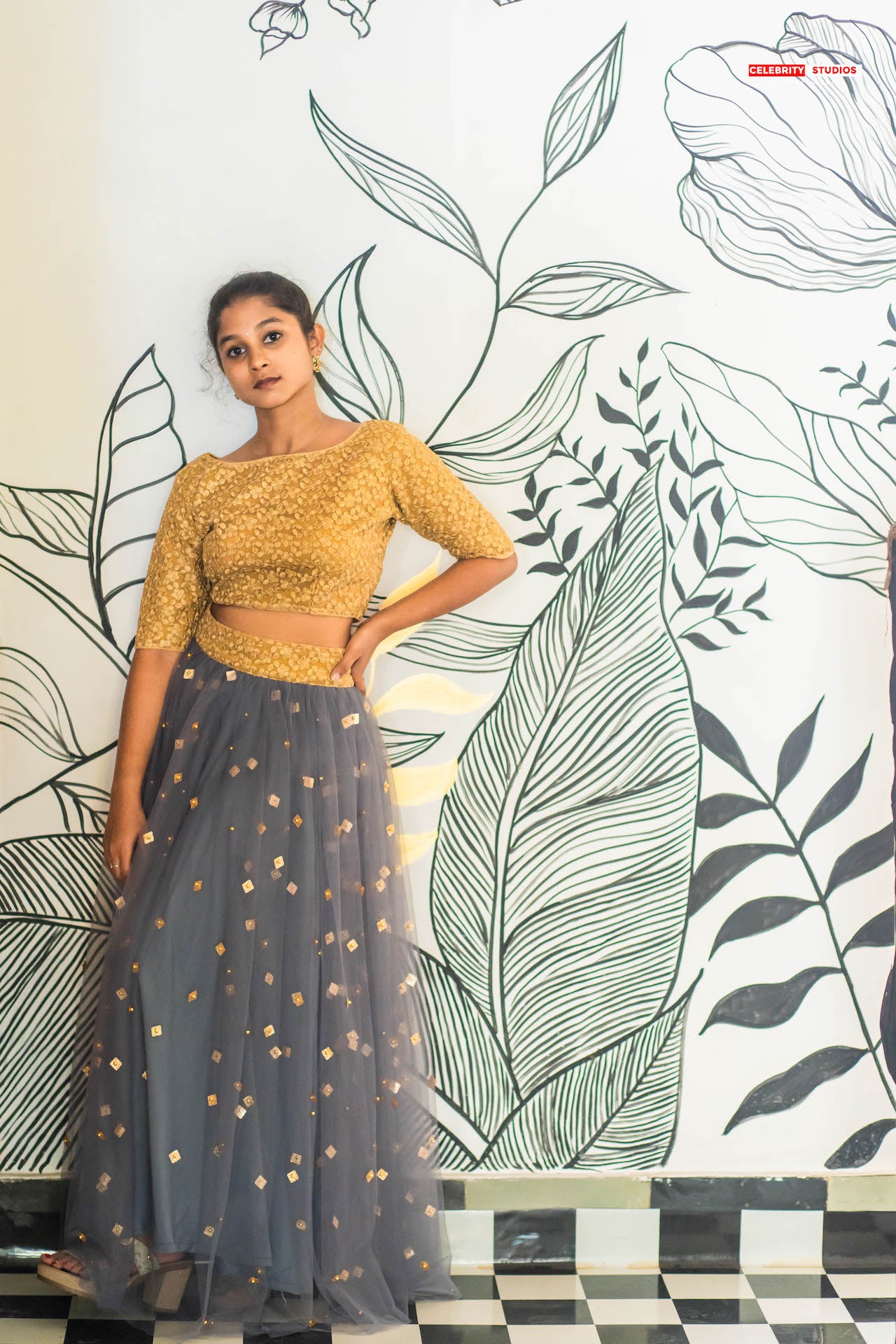 Grey Lehenga With Gold Blouse