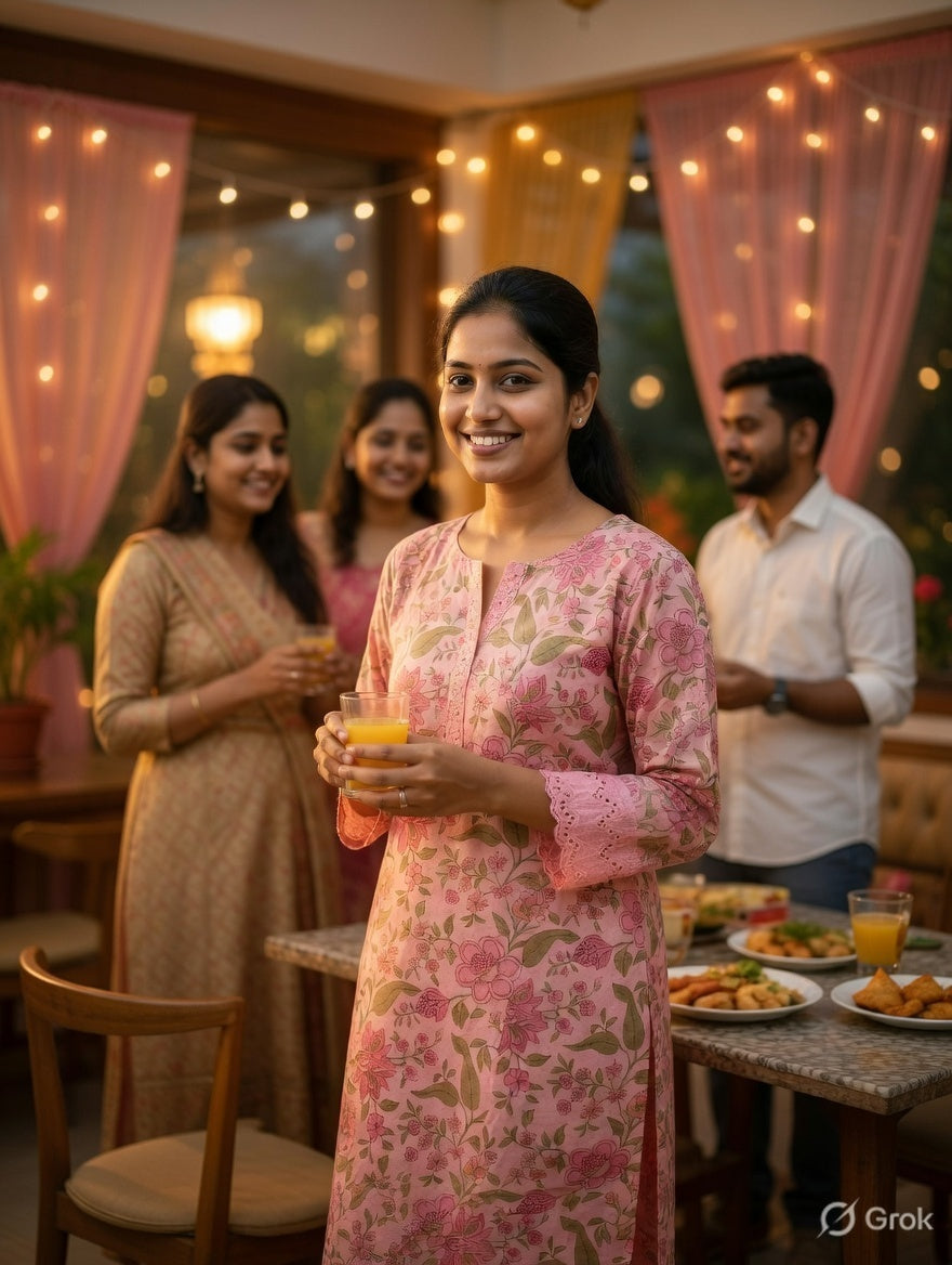 Baby Pink Floral Cotton Two-Piece Kurti Set
