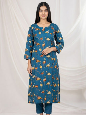 Blue Flemingos Kalamkari Print Straight Kurti