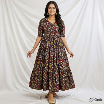 Wine Pure Cotton 3 Flouncy Frills Kalamkari Dress