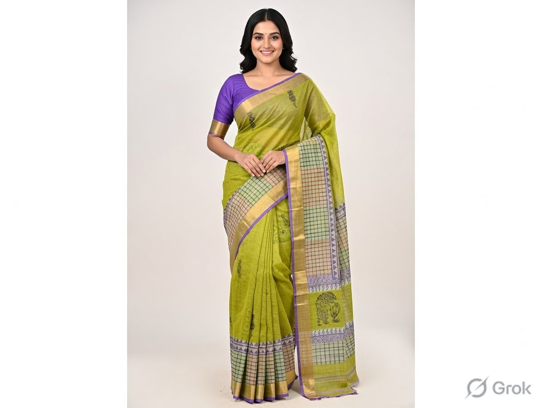 Olive Green & Purple Digital-Print Cotton Kota Saree