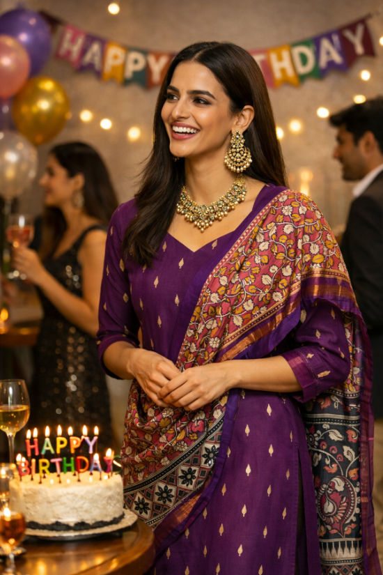 Royal Purple with Cream Buti Raw Silk Stright Cut Kurti