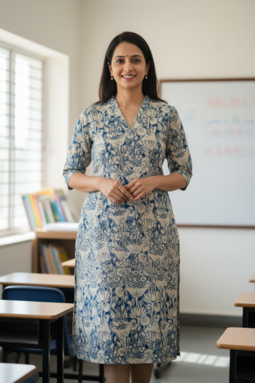 Teacher in classroom with V-neck kurti